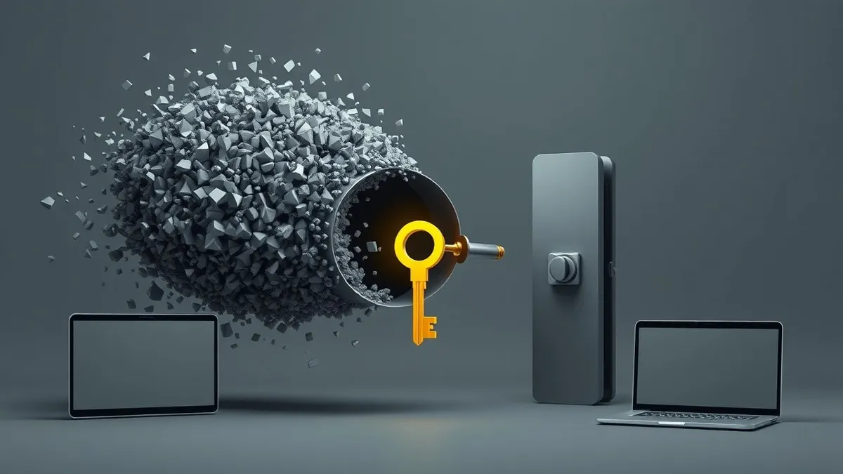 Illustration: A chaotic cloud of gray noise particles flows into a sleek metallic funnel.