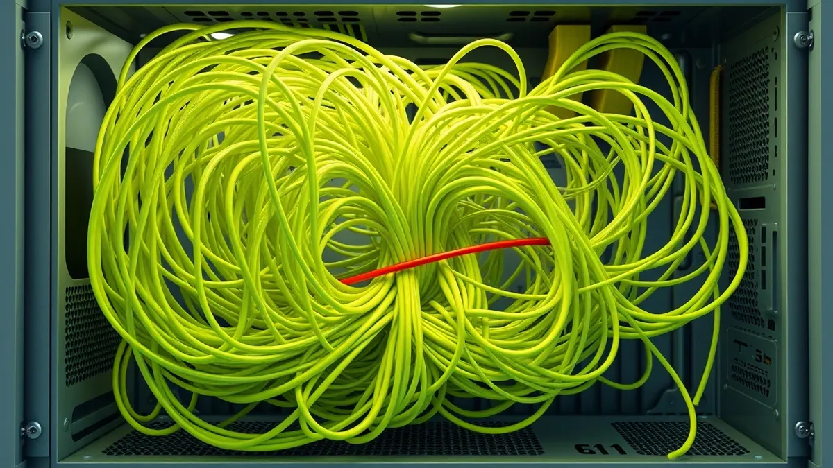 Illustration: A tangled nest of bright, chaotic cables obscures a single thin red wire inside an open computer chassis.
