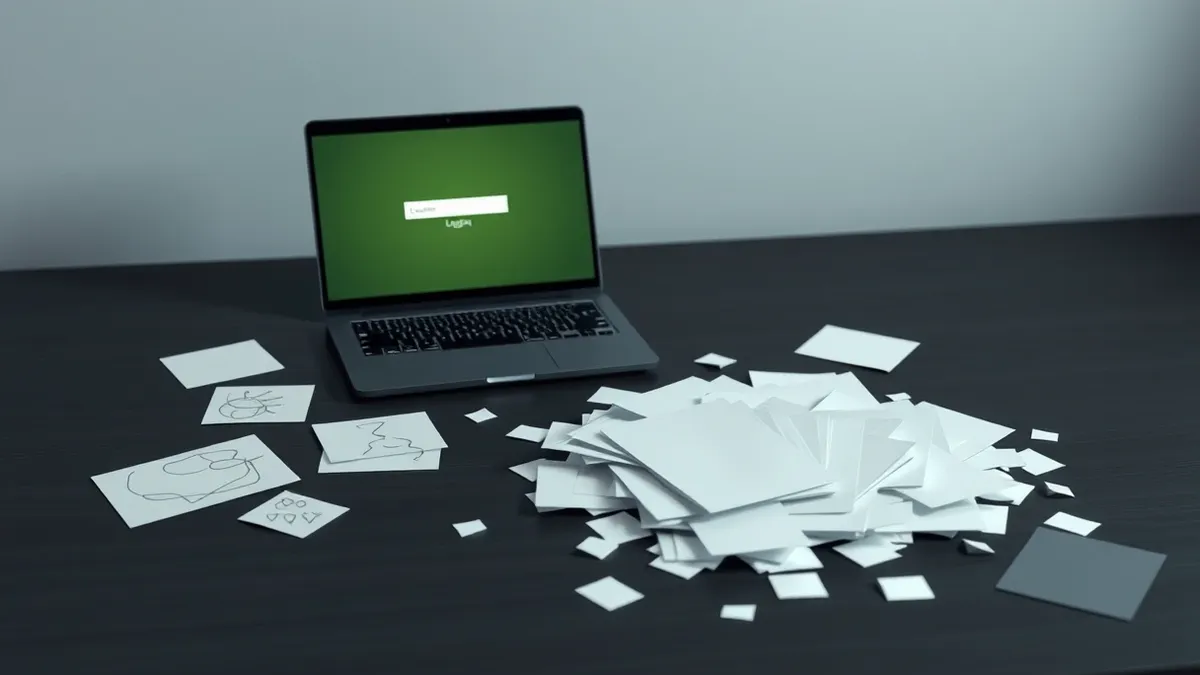 Illustration: A scattered pile of loose white papers lies on a dark wooden desk next to a sleek black laptop.