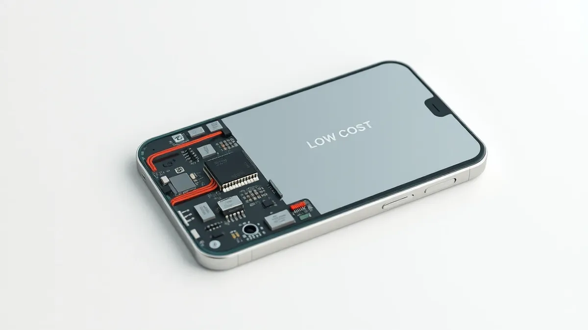 Illustration: A low-cost smartphone lies on a clean white surface with its back panel removed.
