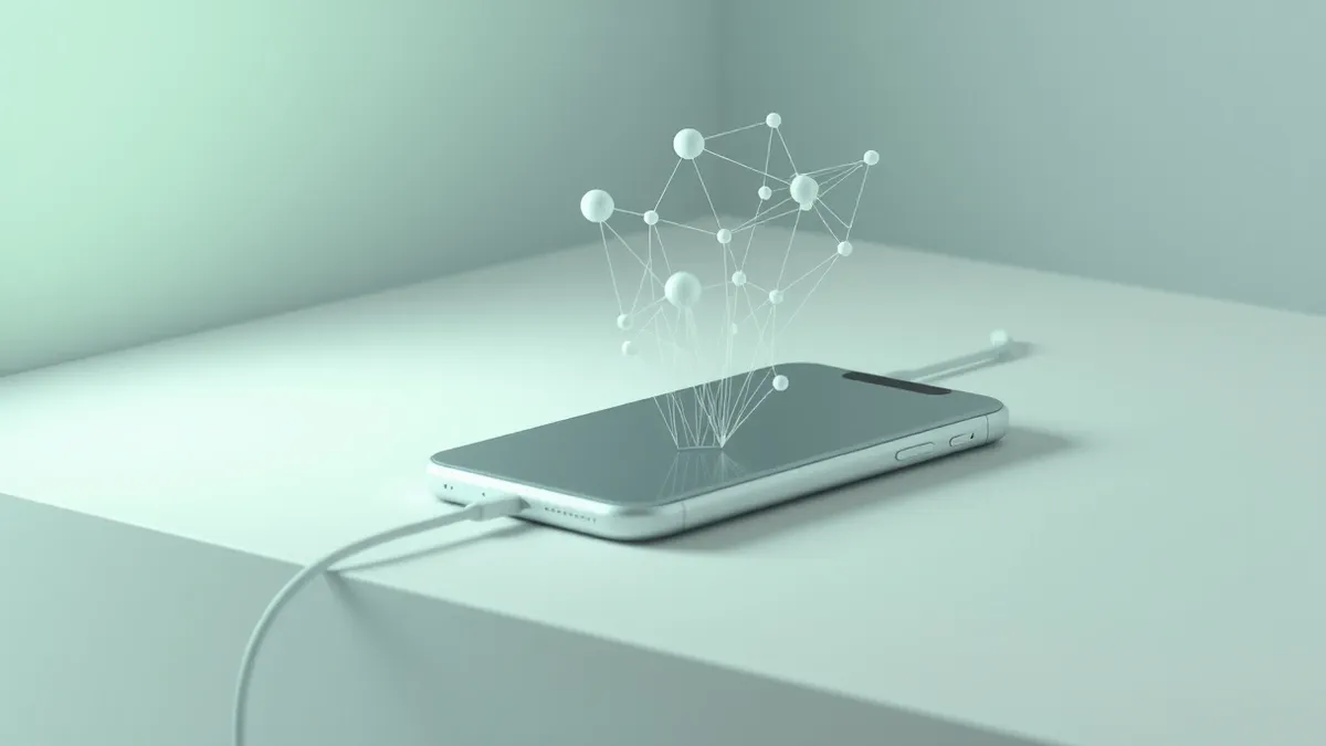 Illustration: A generic smartphone rests on a clean white surface while invisible digital tendrils emerge from its charging port, weaving a complex web of abstract geometric shapes