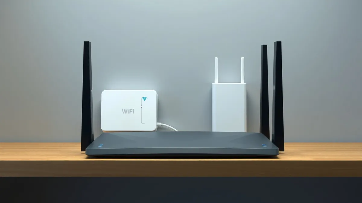 Illustration: A sleek black router sits on a wooden shelf with its blinking blue lights visible in the foreground, while behind it a white Wi-Fi range extender rests disconnected, 