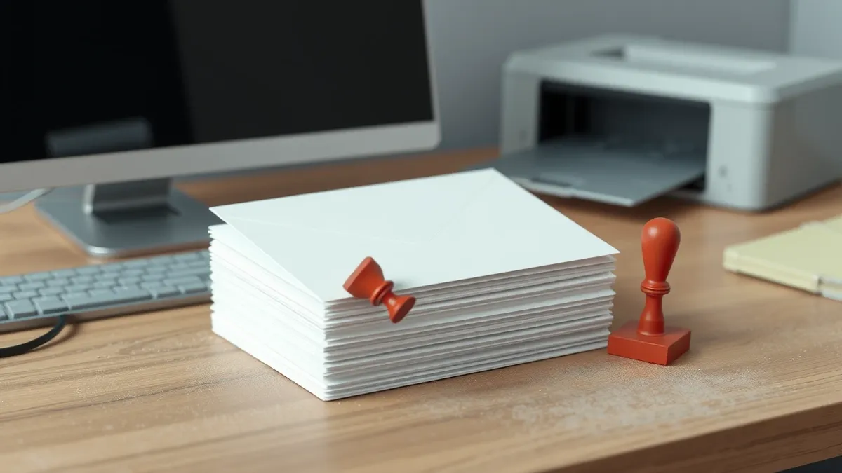 Illustration: A stack of blank white envelopes sits motionless on a dusty wooden desk beside a silent, unplugged printer.