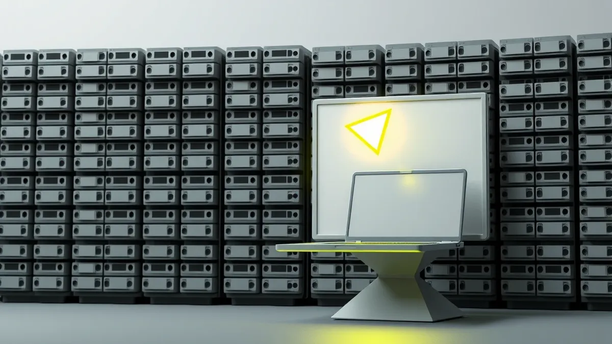 Illustration: A massive wall of blank data drives stands beside a single open laptop.
