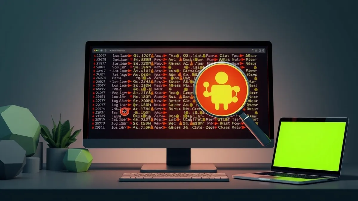 Illustration: A dark monitor displays a dense grid of abstract login records, where clusters of identical shapes glow red to mark repeated access attempts from distant locations.