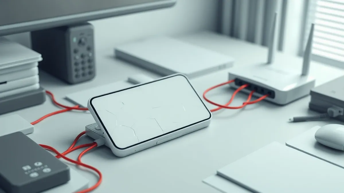Illustration: A cracked smartphone sits on a cluttered office desk, its screen displaying blank abstract shapes while digital red tendrils snake from the charging port toward a nea