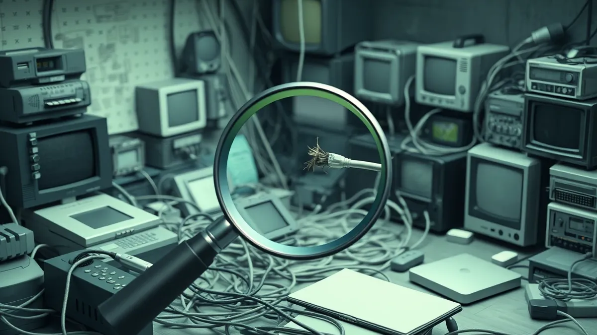 Illustration: A magnifying glass hovers over a cluttered desk covered in tangled cables and dusty old electronics.