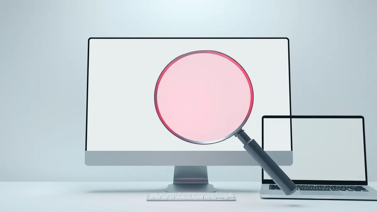 Illustration: A magnifying glass hovers over a blank computer monitor screen, revealing tiny, invisible dots scattered across the white background like hidden constellations.