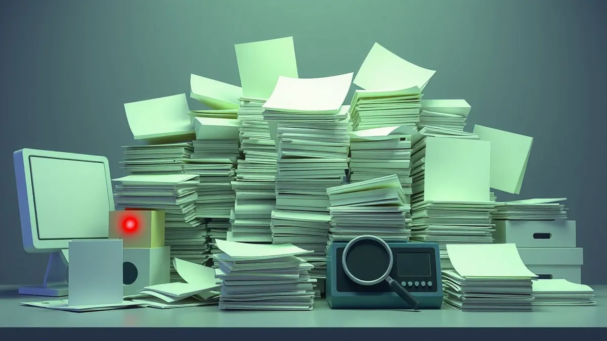 Illustration: A cluttered desk holds an overflowing stack of blank reports and empty filing boxes.