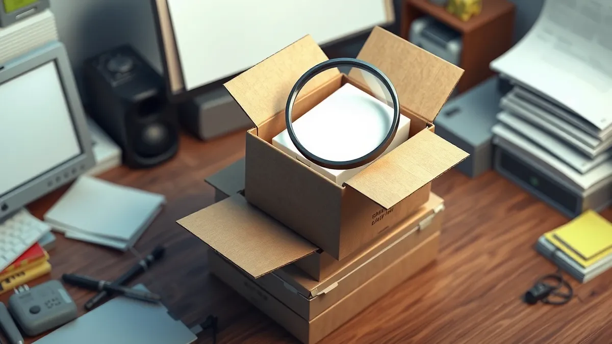 Illustration: A stack of open cardboard boxes sits on a cluttered wooden desk.