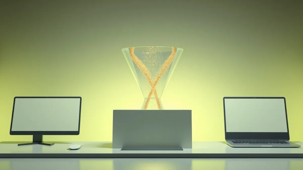 Illustration: A transparent glass funnel sits on a desk, catching streams of glowing golden dust that swirl and combine inside before flowing out as a single solid beam of light in