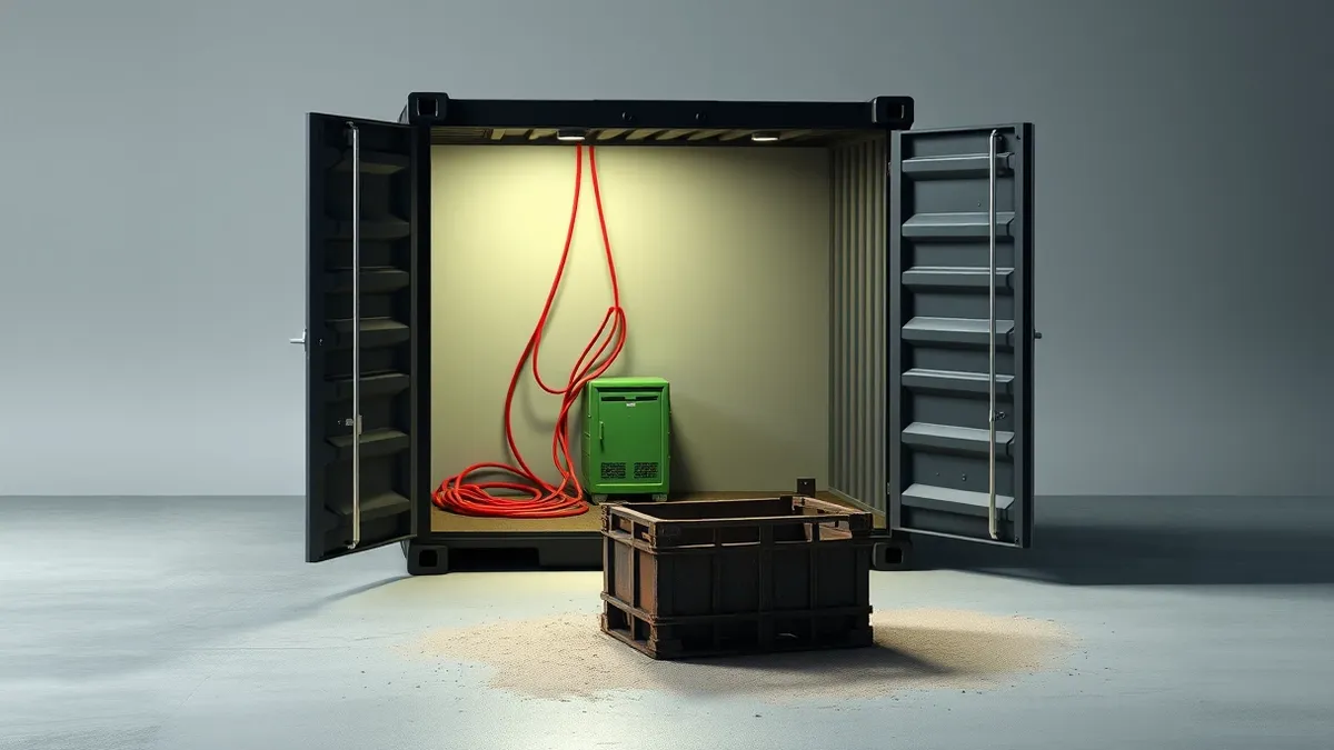 Illustration: A sleek black shipping container sits open on a concrete floor, revealing tangled red wires and a small green server inside.