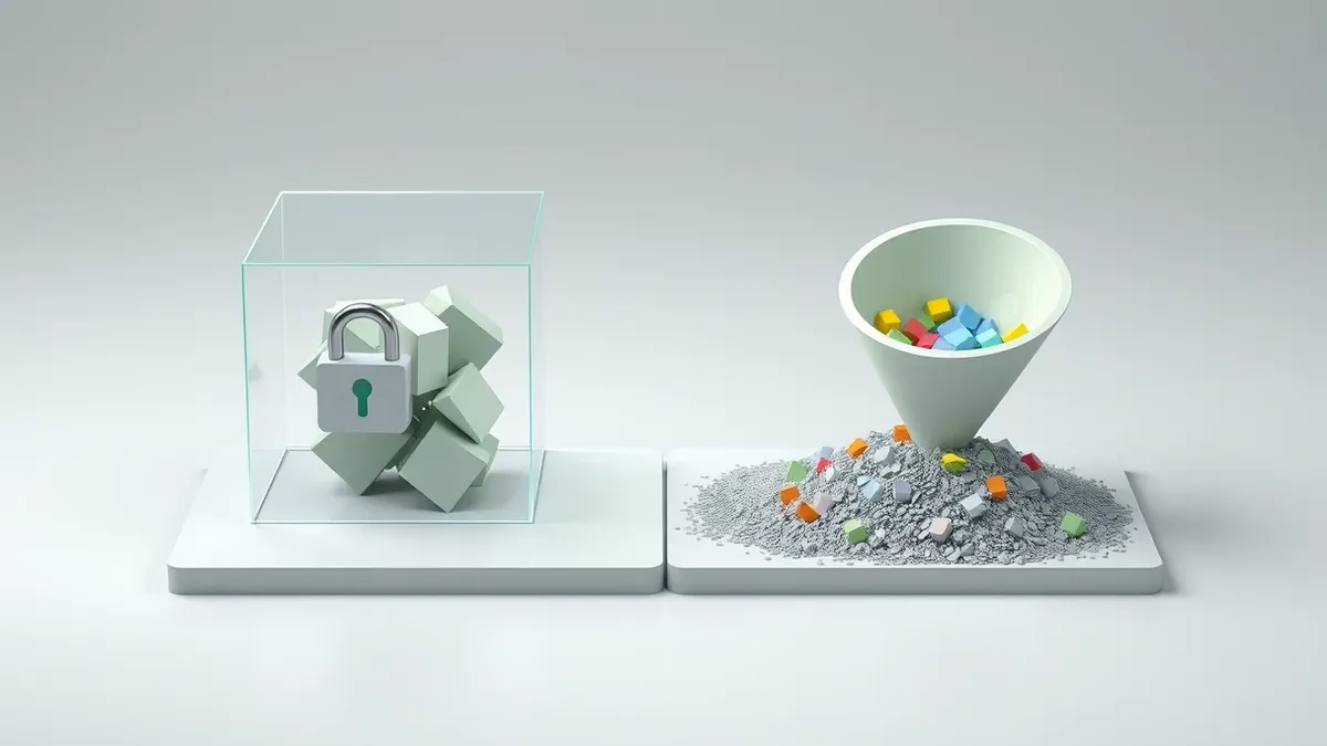 Illustration: A split surface shows two distinct digital processes.