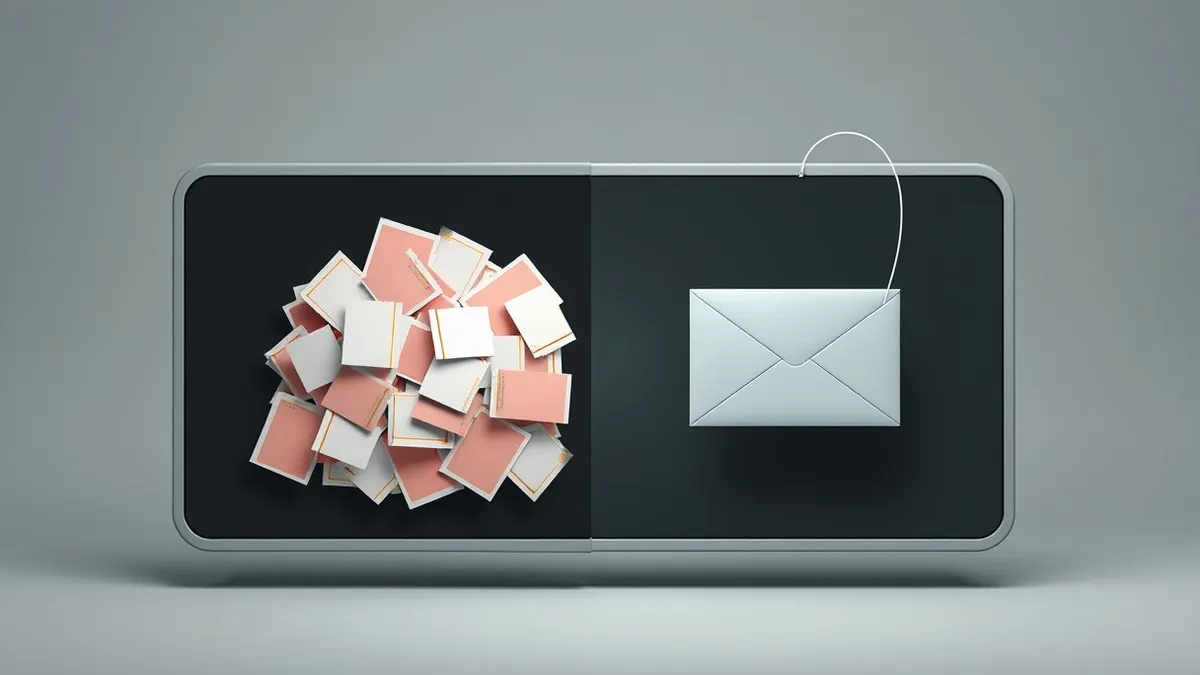 Illustration: A generic email client window splits into two distinct halves.