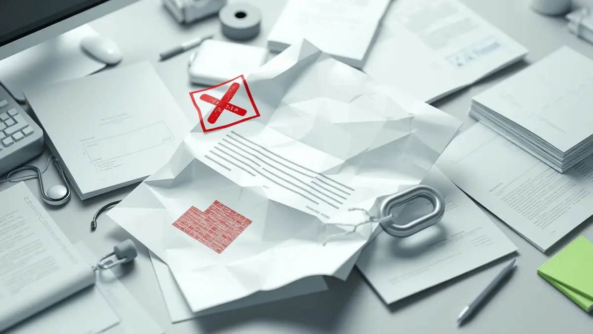 Illustration: A white paper with abstract lines sits crumpled on a cluttered desk next to a broken chain link.