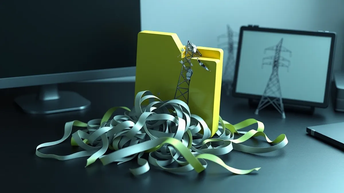Illustration: A cracked open file archive icon spills tangled gray ribbons onto a dark desk surface.