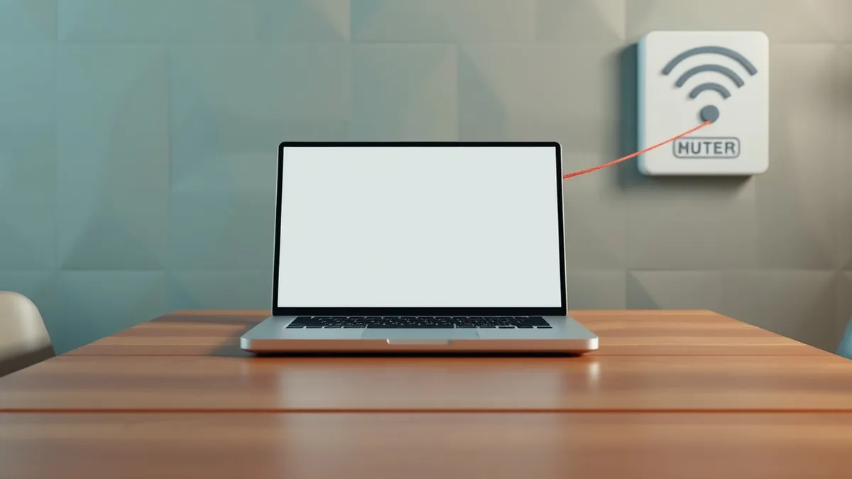 Illustration: An open laptop sits on a wooden cafe table, its screen displaying blank abstract shapes.