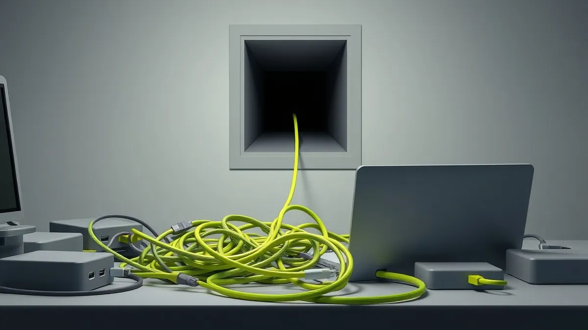 Illustration: A tangled knot of colorful USB cables connects a sleek laptop to several unmarked external hard drives.