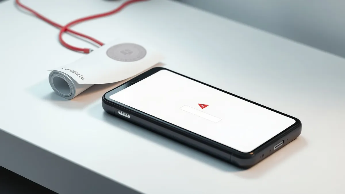 Illustration: A sleek black smartphone rests on a white desk, its screen displaying a blank login window with a single red alert triangle.