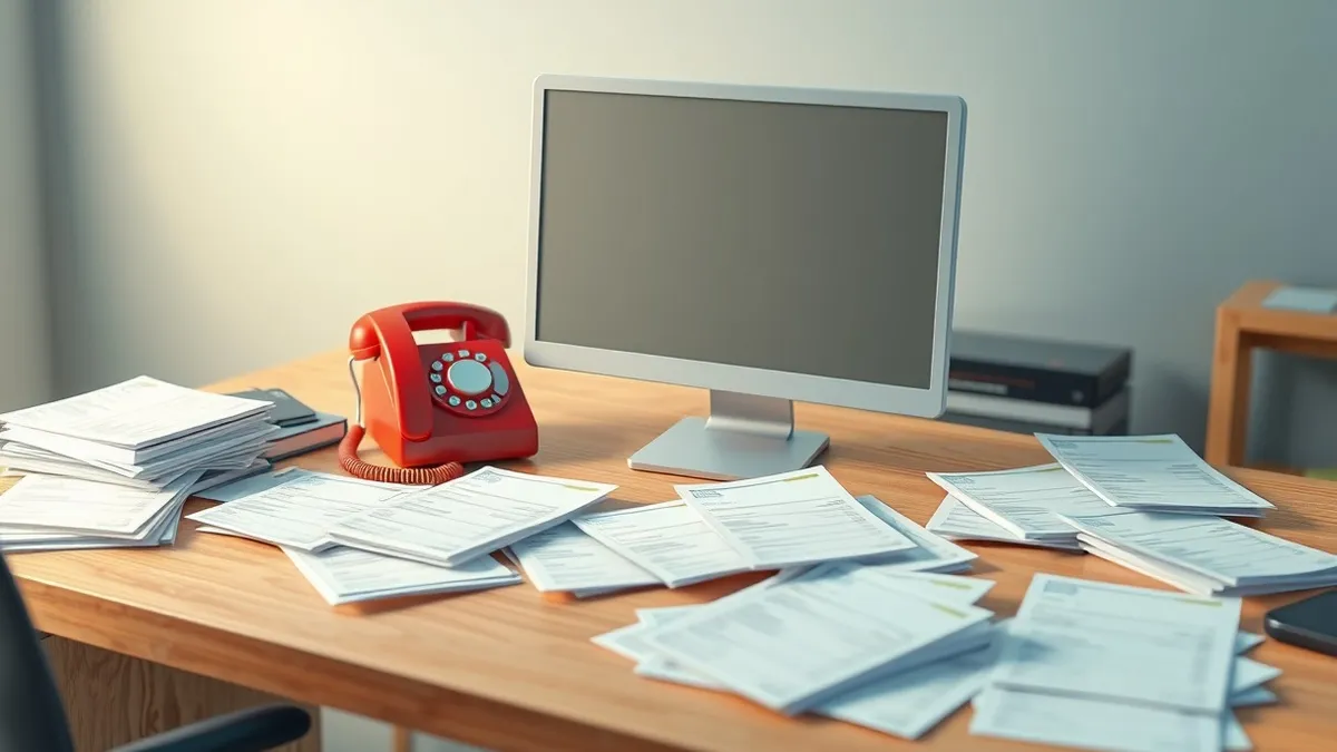 Illustration: A blank computer monitor sits on a cluttered office desk next to a single red telephone receiver resting on the cradle.
