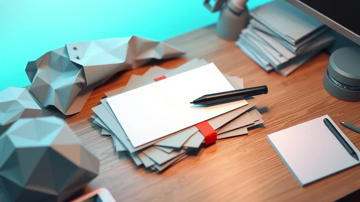 Illustration: A cluttered wooden desk features a single blank white card resting atop a messy pile of crumpled gray paper.