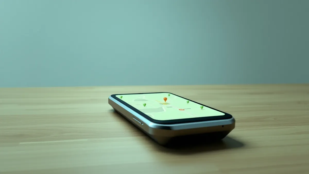 Illustration: A smartphone rests on a wooden table, its screen displaying a blank map interface with numerous location dots.