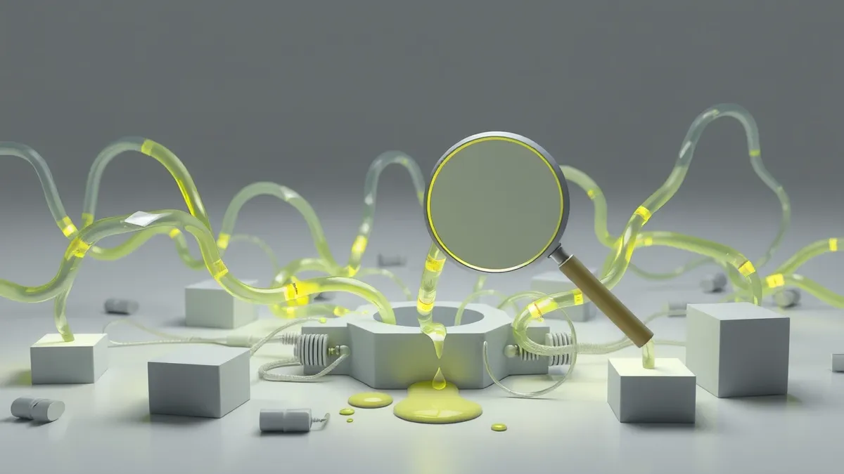 Illustration: A chaotic tangle of translucent tubes carries glowing liquid from a central hub to scattered peripheral boxes.