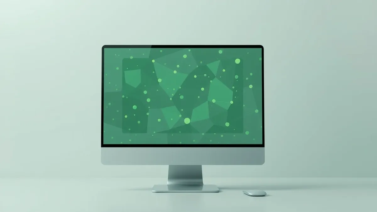 Illustration: A desktop monitor displays three overlapping translucent panels filled with abstract geometric shapes.