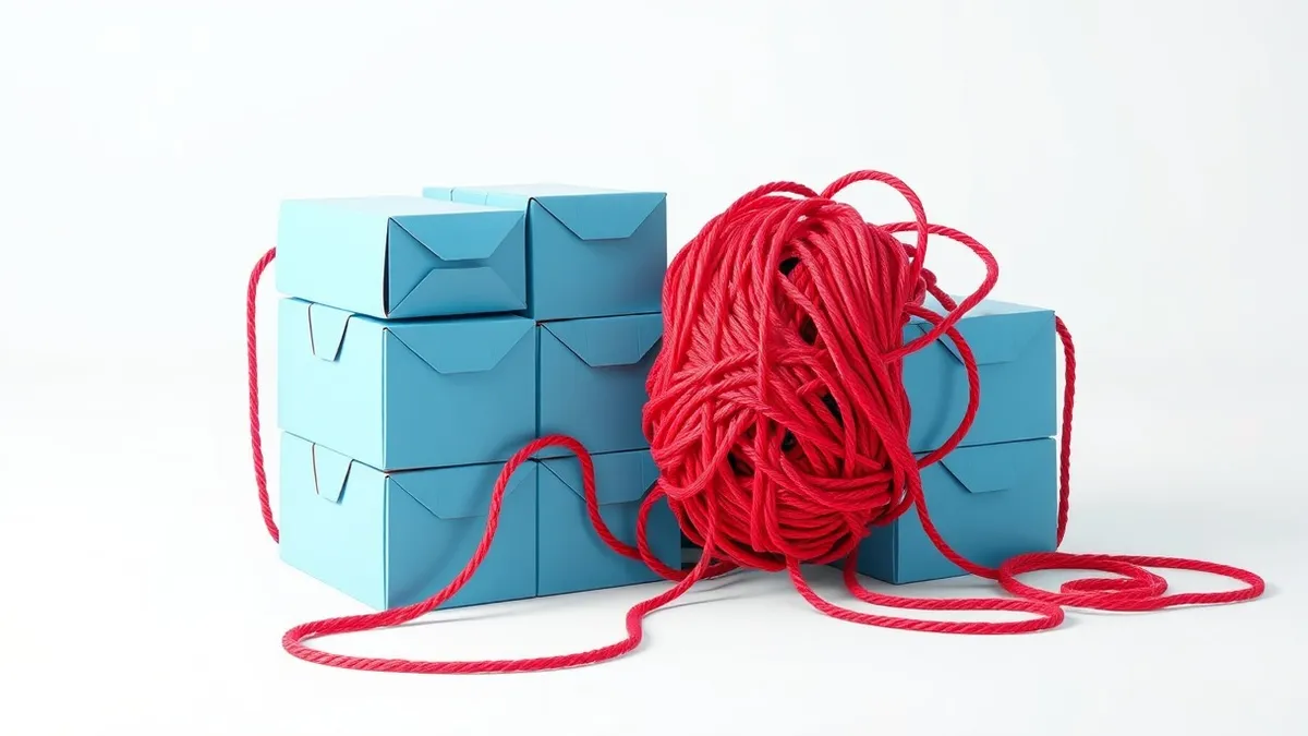 Illustration: A tangled knot of red yarn threads weaves through a neat stack of blue cardboard boxes.