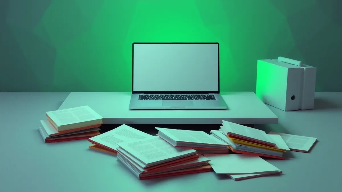 Illustration: A generic office desk holds a laptop displaying a blank screen, while a scattered pile of unmarked file folders lies open nearby, revealing blank pages that symbolize