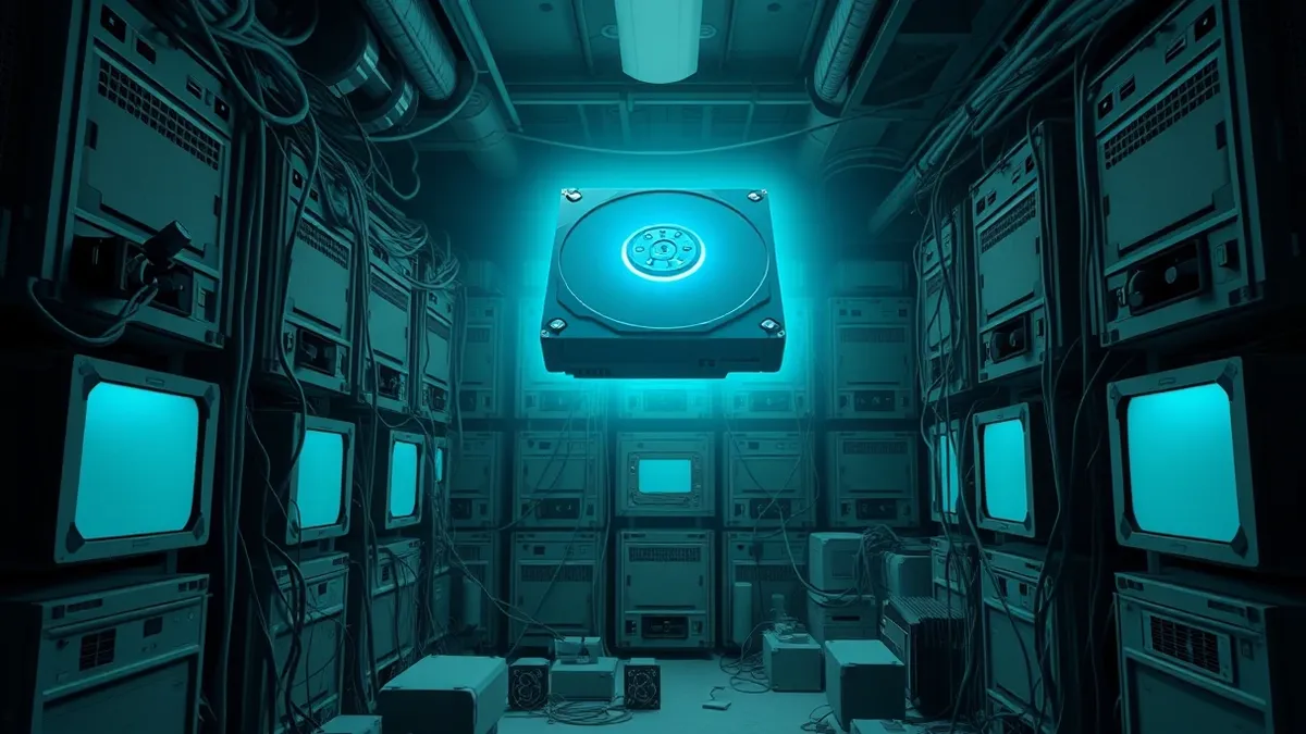 Illustration: A single glowing hard drive floats above a dark, cluttered storage room filled with dusty, obsolete server components.