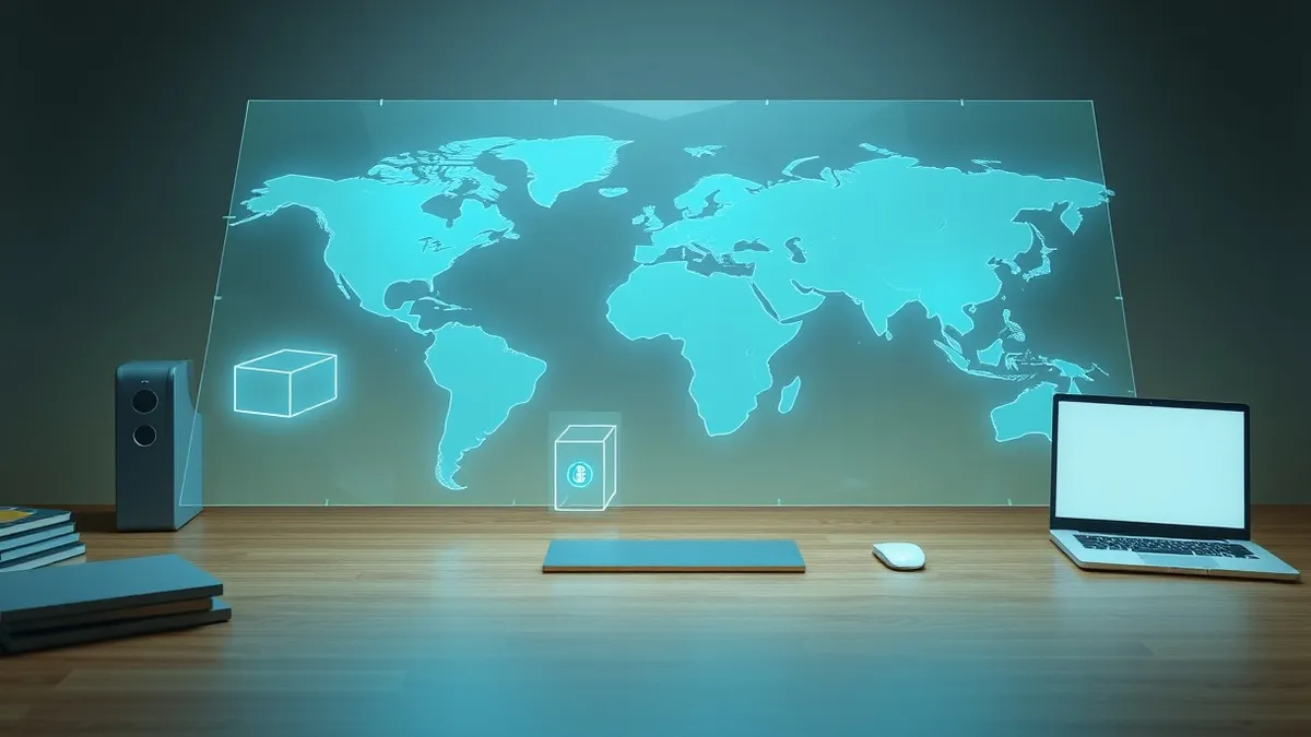 Illustration: A transparent glass map sits on a wooden desk, showing glowing blue rivers of data flowing through building outlines.