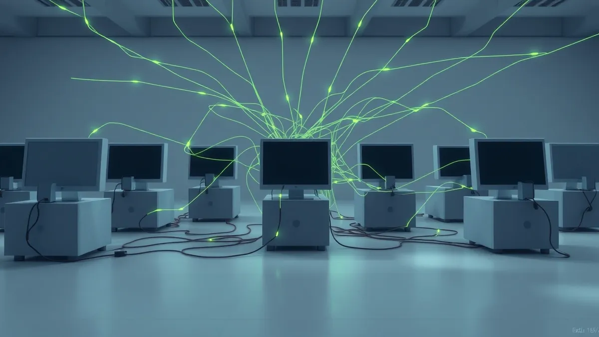 Illustration: A tangled web of invisible threads connects several disconnected computer terminals across an office floor.
