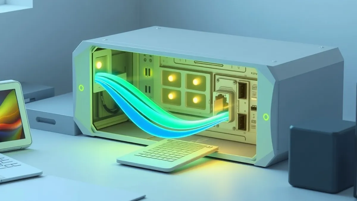 Illustration: A network gateway device sits on a desk, with streams of colored light flowing through its internal filters.