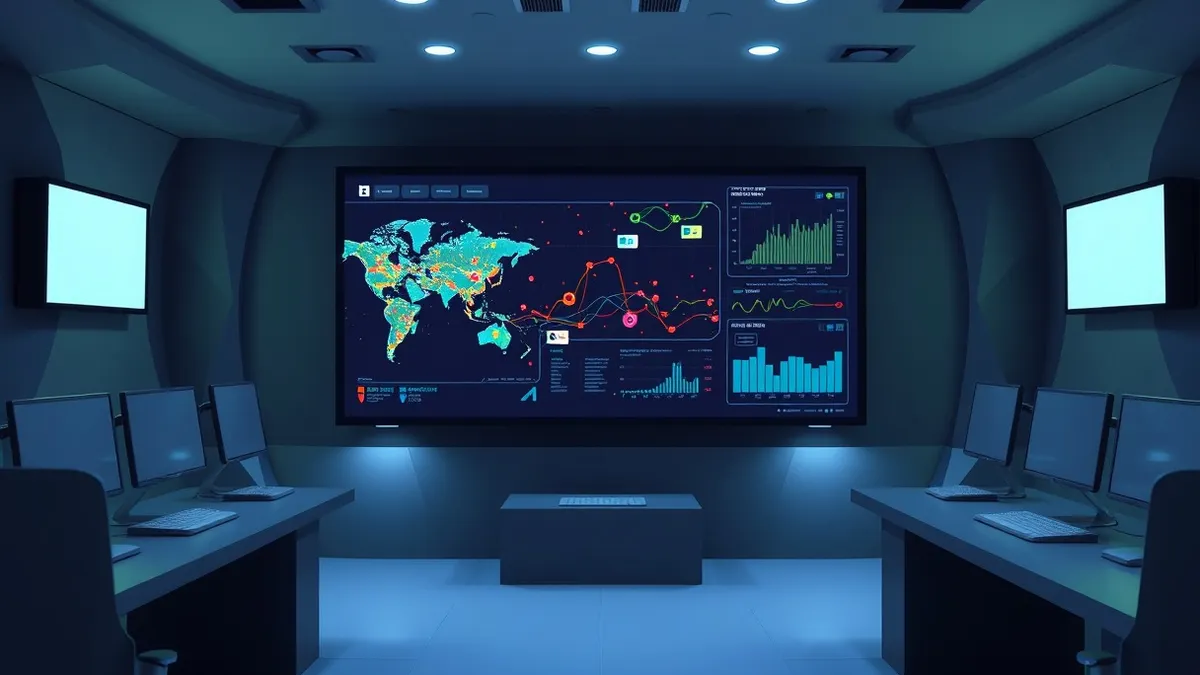 Illustration: A darkened security operations center features a large central monitor displaying intricate, colorful network flow maps and timeline graphs.