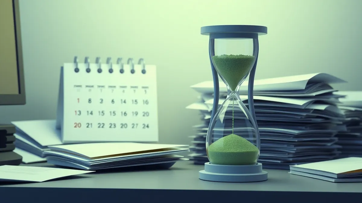 Illustration: A digital calendar sits on a cluttered desk next to a pile of unopened envelopes.