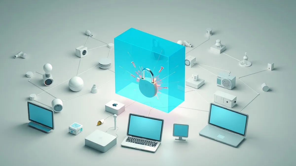 Illustration: A cluttered home network map floats in the air, showing smart bulbs, cameras, and thermostats connected by thin lines.