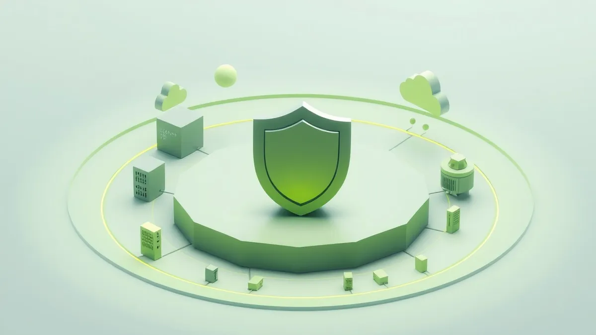 Illustration: A fragmented digital perimeter surrounds a central protected core.