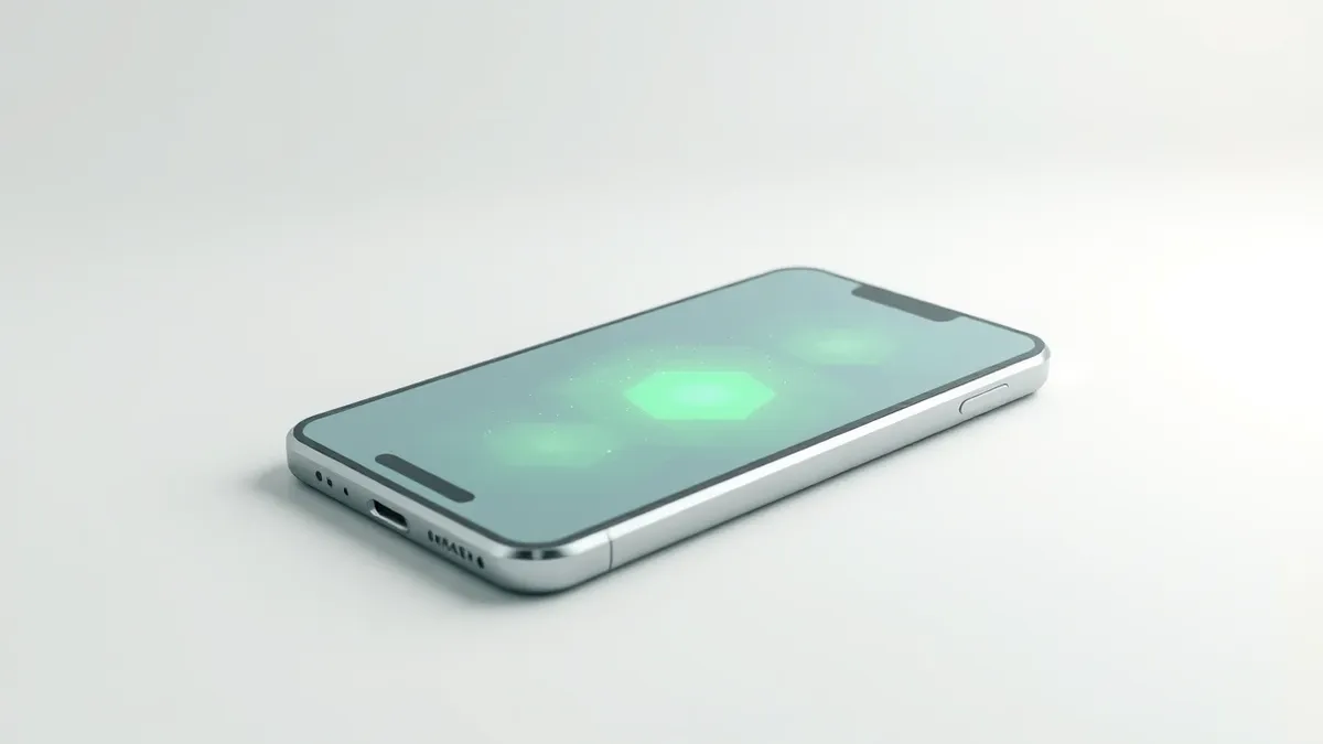 Illustration: A sleek smartphone rests on a clean white surface, its screen glowing with faint, irregular geometric patterns that suggest hidden activity.