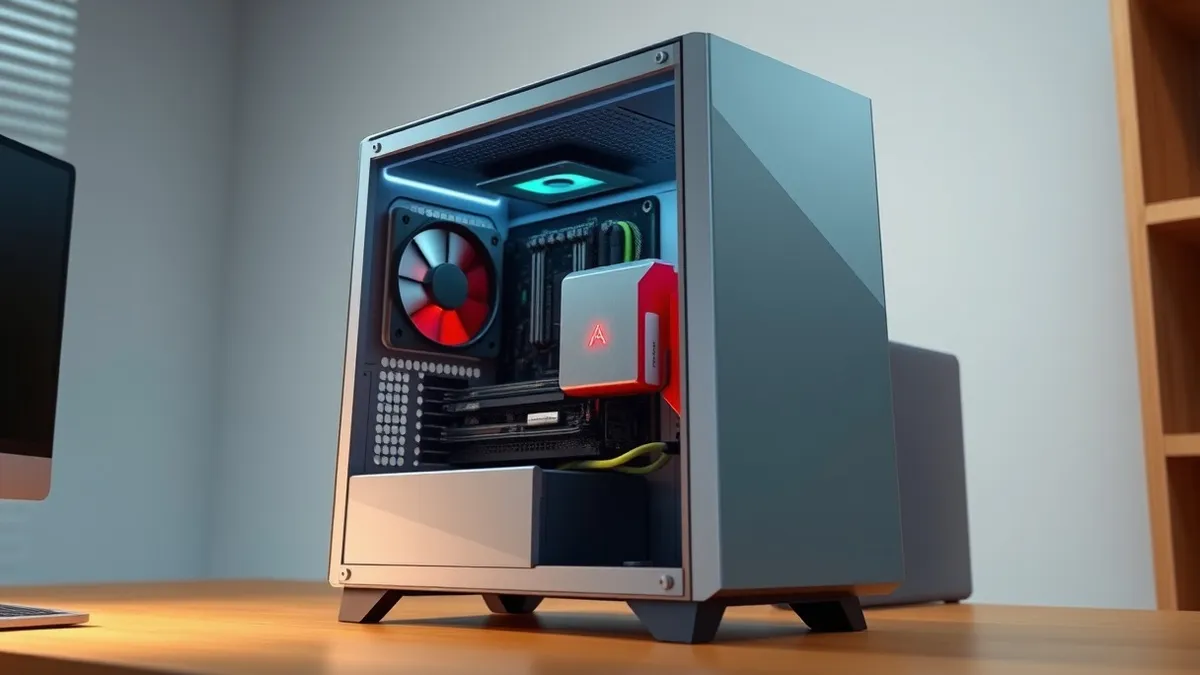 Illustration: A standard office desk holds a sleek desktop computer tower with its side panel removed.