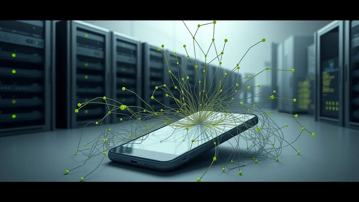Illustration: A chaotic tangle of digital threads spills from a cracked smartphone screen, weaving into shadowy server racks and abstract data silos in the background.