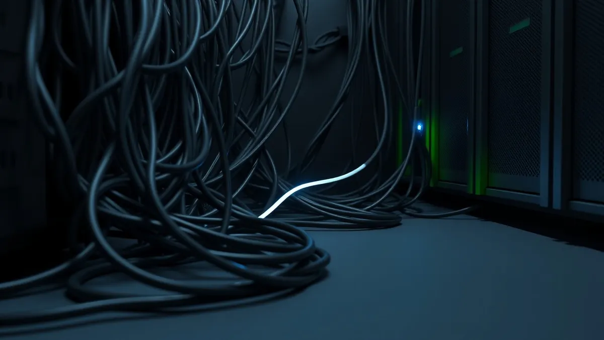 Illustration: A tangled nest of black cables snakes through a dark server room floor, with one thin white wire slipping unnoticed behind a rack panel.