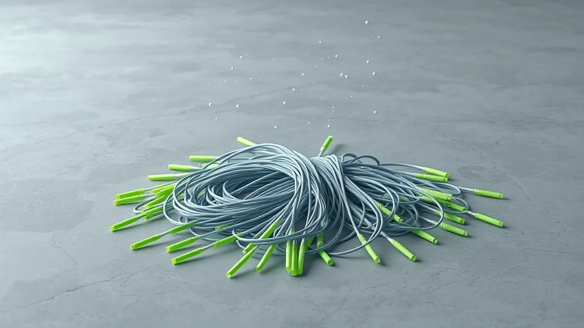 Illustration: A tangled bundle of fiber optic cables lies exposed on a concrete floor, with no protective casing shielding the wires.
