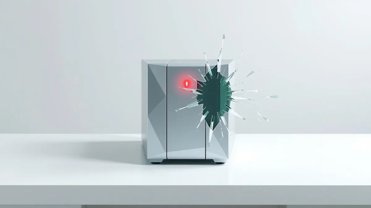 Illustration: A sleek silver network appliance sits on a sterile white desk, its front panel displaying a single pulsing red warning light.