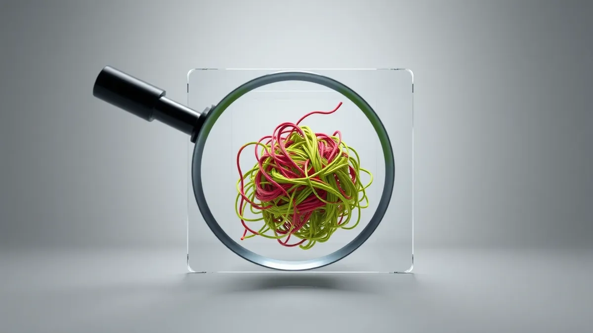 Illustration: A magnifying glass hovers over a tangled knot of colored threads inside a transparent cube.