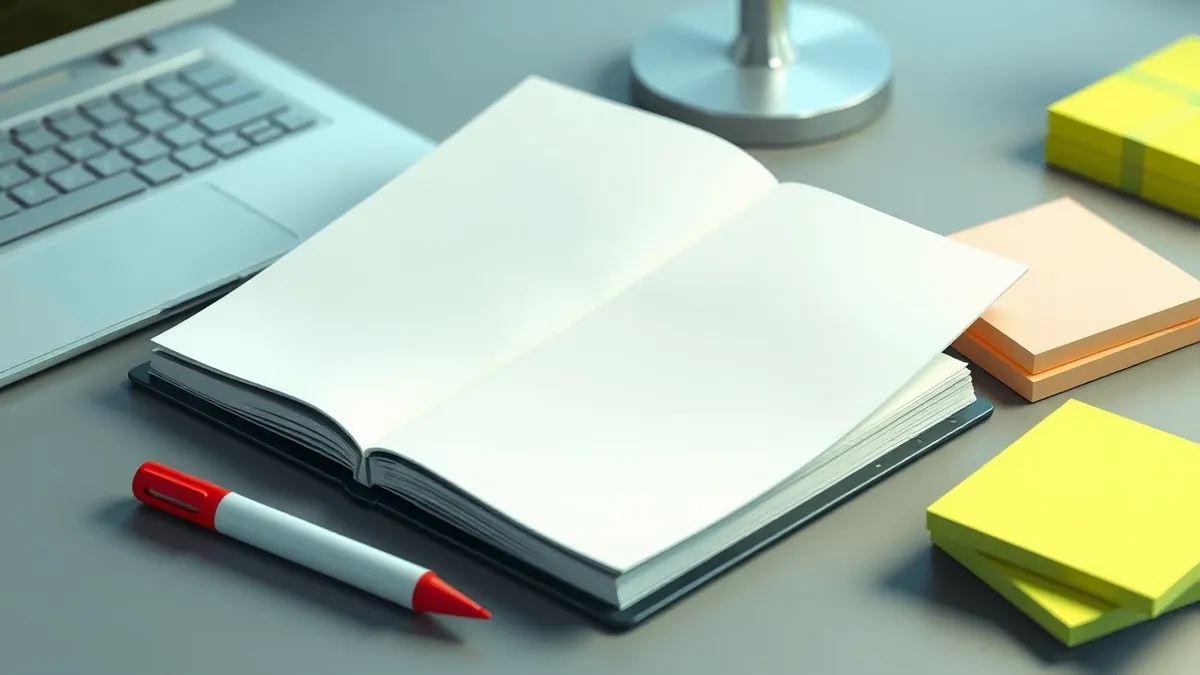 Illustration: An open notebook with blank pages sits on a desk next to a red marker and a stack of sticky notes.