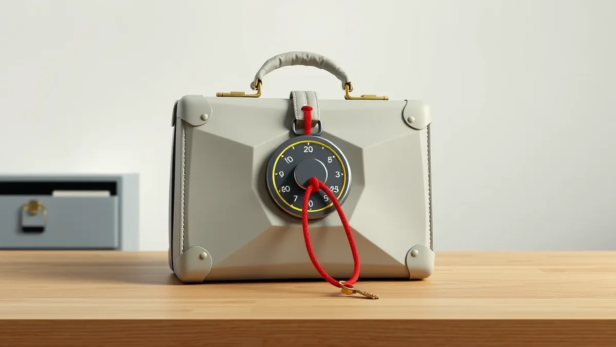 Illustration: A sturdy metal briefcase rests on a clean wooden desk, its combination lock dial facing forward.