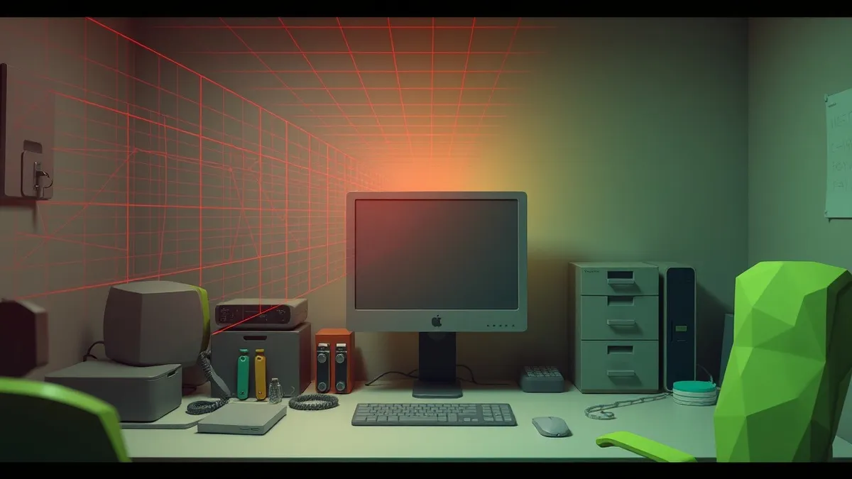Illustration: A cluttered small office desk holds a single desktop computer with a blank monitor.