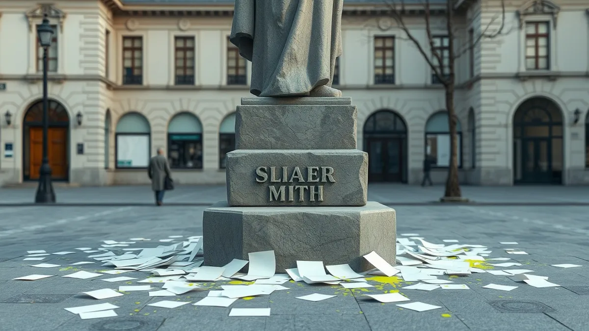 Illustration: A solitary, weathered stone statue sits in a quiet public plaza, its base surrounded by scattered, blank white paper flyers and faded paint splashes, suggesting an un