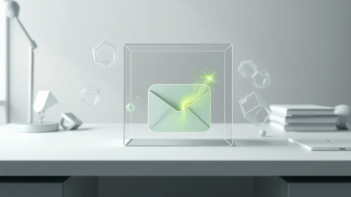 Illustration: A single email attachment sits on a clean desk surface, surrounded by floating geometric shapes that represent code execution.